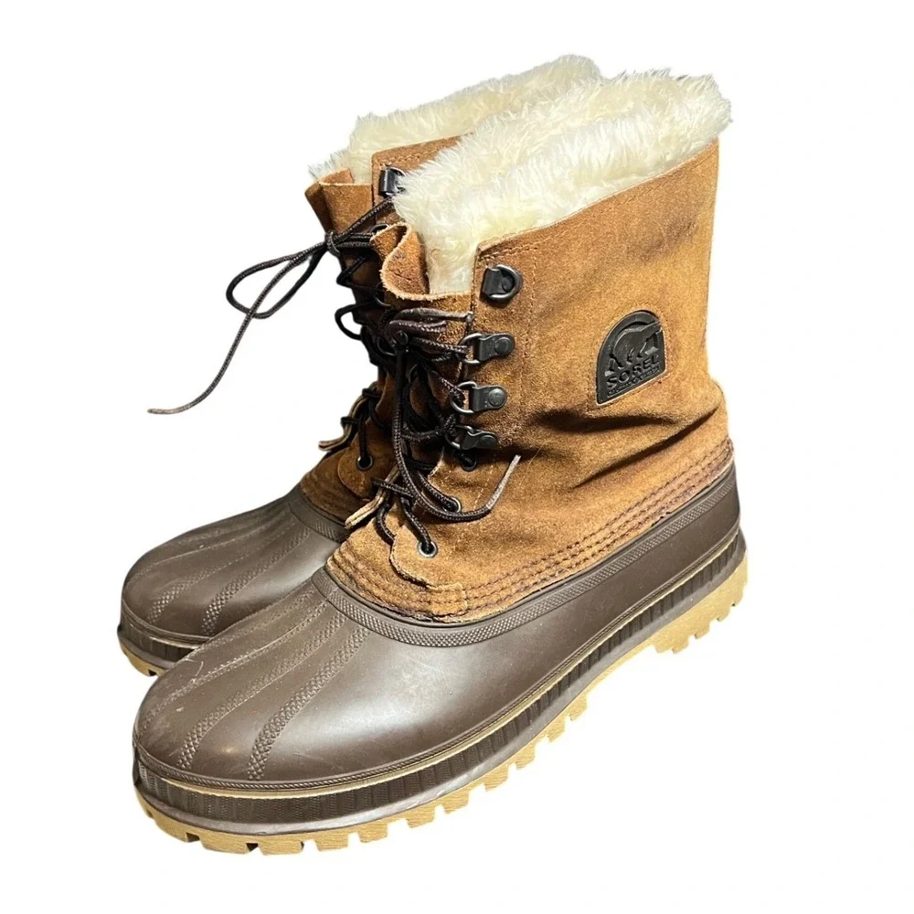 Sorel Vintage Caribou Winter Boot Mens 11 Brown Suede Waterproof Faux Fur Lining